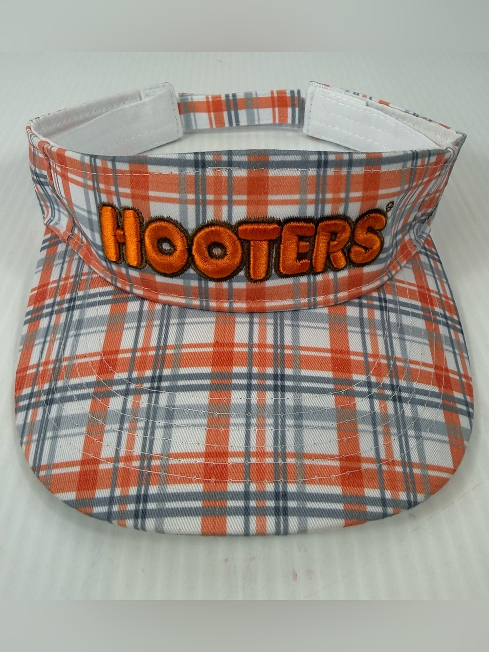 Hooters Sun Visor Embroidered Orange Plaid Adjustable Hat Rare
